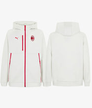 White Puma hooded sweatshirt shown from the front and back, featuring red zipper and stripe accents, and the AC Milan crest on the front chest.