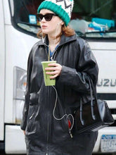 Sadie Sink Black Oversized Leather Jacket