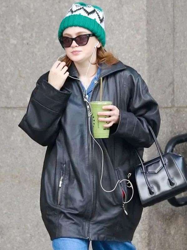 Sadie Sink Black Oversized Leather Jacket