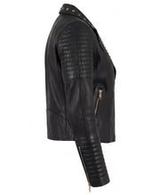 Womens Sally Mae black leather biker jacket with lapel collar