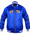 A royal blue satin bomber jacket with white contrast stitching, a black front zipper, and two embroidered tiger graphics on the chest, displayed on a solid white background.