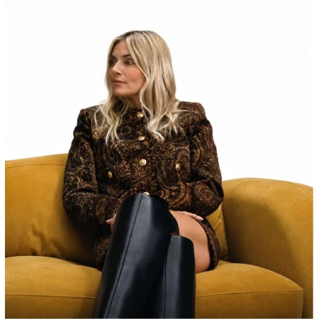 Sienna Miller War 2026 Brown Paisley Jacquard Jacket front view