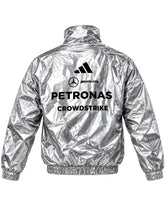 Mercedes F1 metallic silver jacket with zipper closure and elastic cuffs