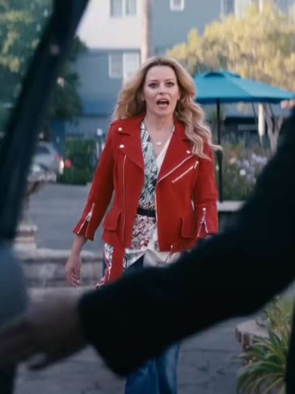 Elizabeth Banks Skincare 2024 Red Leather Jacket