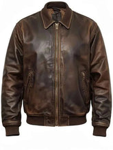 A dark brown distressed leather jacket with a front zipper, ribbed knit collar, cuffs, and hem, displayed on a white background.