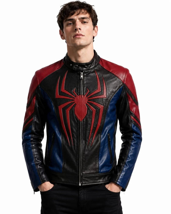 A man wearing a Spider-Man themed black leather jacket with red and blue panels and a large red spider emblem on the chest, set against a plain white background.