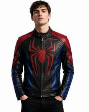 A man wearing a Spider-Man themed black leather jacket with red and blue panels and a large red spider emblem on the chest, set against a plain white background.