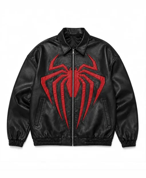 Black faux leather bomber jacket featuring a large red spider emblem on the front, displayed flat against a white background.