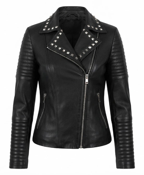 Black studded biker jacket with outside and inside pockets