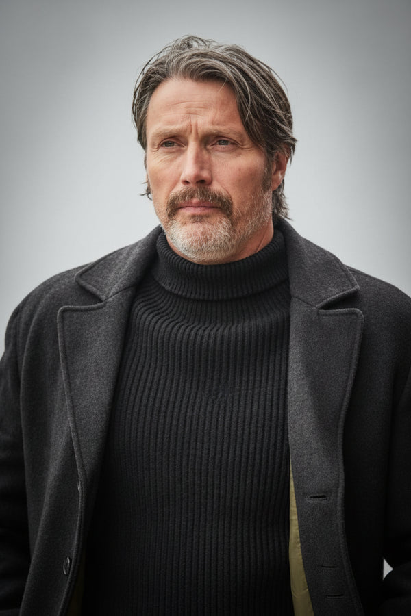 A man wearing a dark charcoal gray wool-blend coat over a black ribbed turtleneck sweater, standing outdoors.