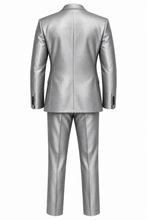Metallic Grey Suit Blazer with Notched Lapel and Button Closure