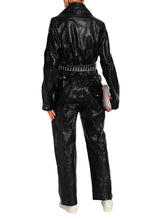 Textured genuine leather jumpsuit with concealed snap closure