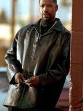 Black real leather coat with lapel-style collar and button closure