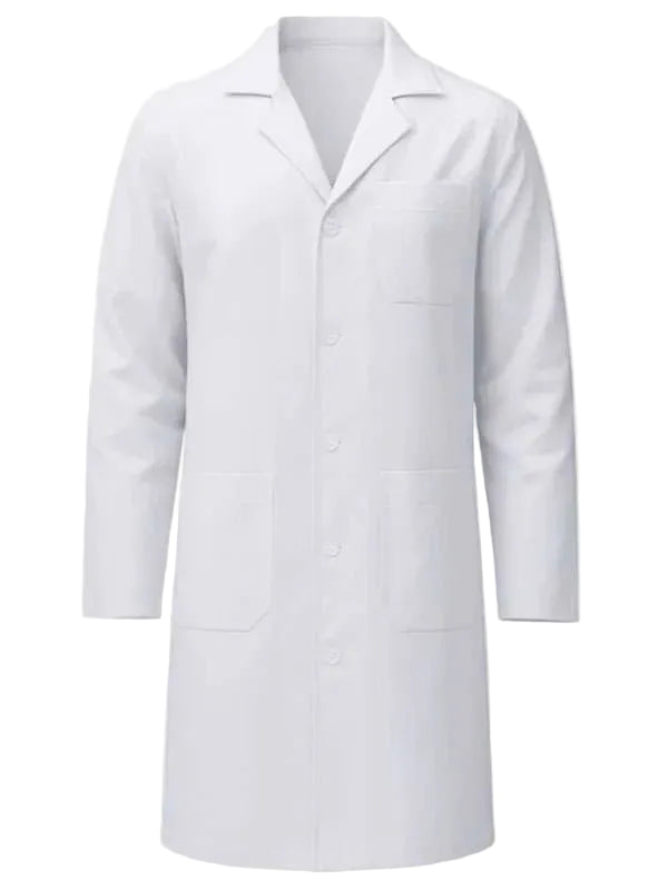 A white long-sleeve lab coat with a notch lapel, front button closure, and two front patch pockets, shown on a plain light background.