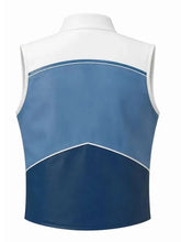 A sleeveless athletic vest shown from the back, featuring a color-blocked design with a white upper section, a light blue middle section, and a darker navy blue lower section, separated by thin white lines.