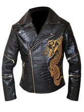 Black crocodile-embossed leather biker jacket with a gold embroidered cobra dragon on the front, gold zippers, and a black collar, shown on a white background.