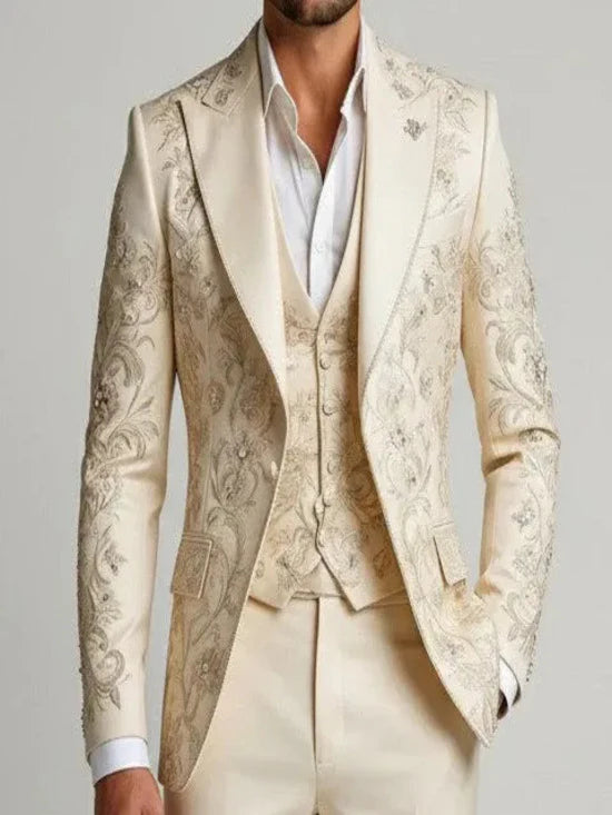 Men's Off-White Embroidered 3-Pc Suit