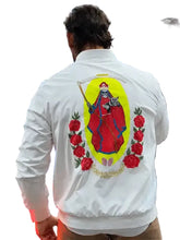 White WWE-inspired bomber jacket with rib-knitted collar