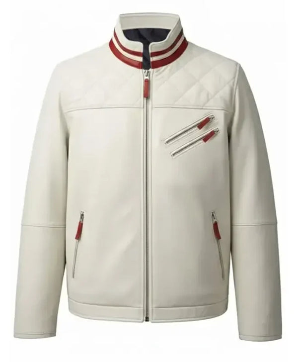 An off-white faux leather jacket with a quilted chest panel, red and navy striped collar, and red zipper pulls, shown on a plain white background.