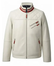 An off-white faux leather jacket with a quilted chest panel, red and navy striped collar, and red zipper pulls, shown on a plain white background.