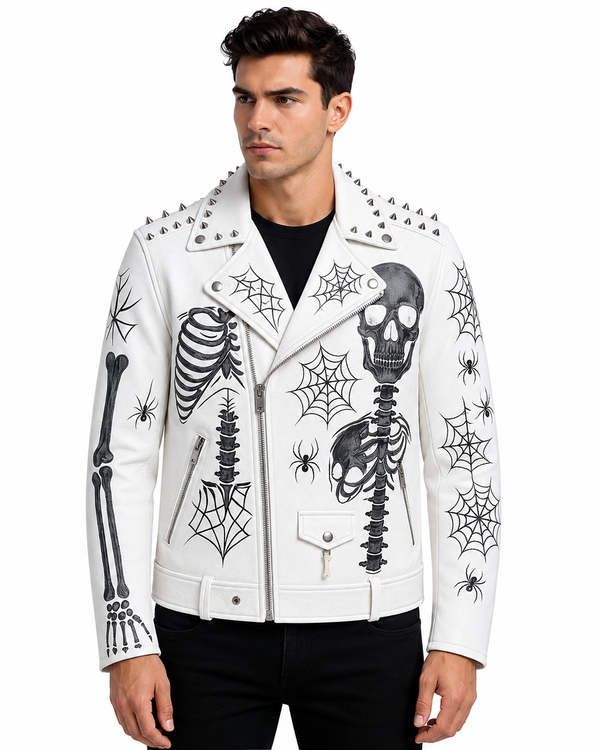 Handmade White Studded Skull and Spine Leather Biker Jacket