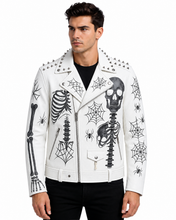 Handmade White Studded Skull and Spine Leather Biker Jacket