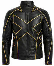 Black leather jacket with gold geometric piping details, featuring a high collar and a front zipper closure, shown against a plain white background.