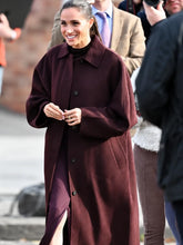 Burgundy button-front coat with a classic shirt-style collar