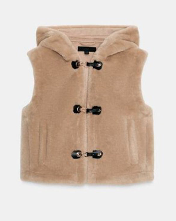 A beige faux-fur hooded vest with black toggle closures, shown flat against a light gray background.
