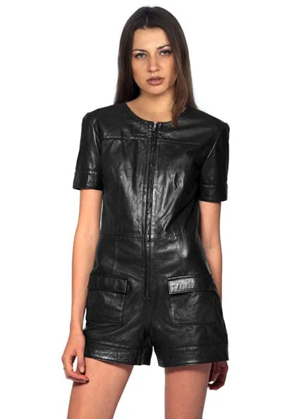 Front view of women’s above-the-knee jumpsuit