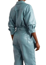 Women’s blue leather jumpsuit with chest pockets