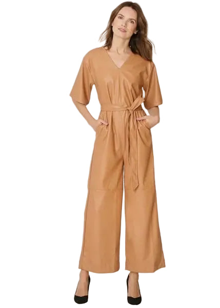 Brown leather jumpsuit with short sleeves and wide legs