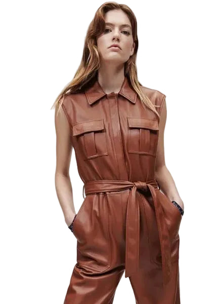 Women’s brown leather utility jumpsuit with button closure