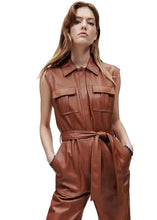 Women’s brown leather utility jumpsuit with button closure