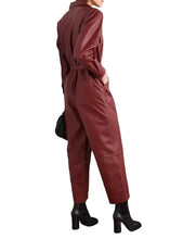 Wide leg cherry red leather jumpsuit with spread collar