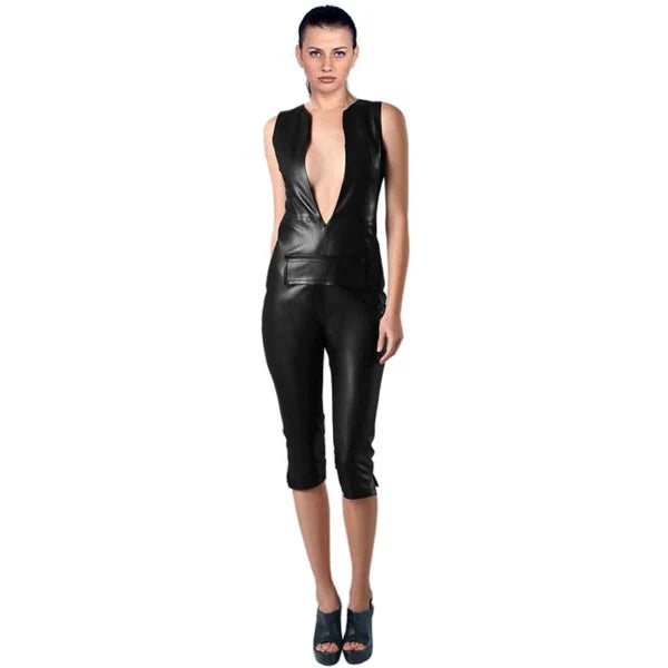 Women’s Large V Neckline Soft Lamb Leather Jumpsuit