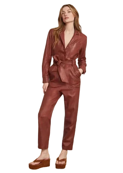 Front view of women’s brown leather one piece jumpsuit