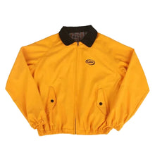 A yellow zip-up jacket with a black collar and a small black logo on the left chest, displayed flat against a light gray background.