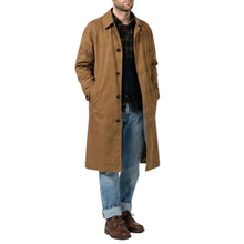 Tan three-quarter-length men's coat with button closure
