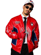 Red and blue leather jacket featuring two front and two inner pockets