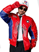 Red and blue leather jacket with erect collar and zipper closure