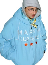 Blue parachute fabric jacket with zipper closure and hooded collar