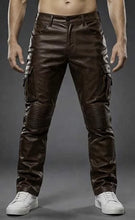 Mens Brown Biker Leather Cargo Pants Slim Fit
