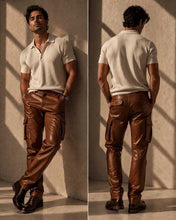 Mens Brown Leather Cargo Pants Slim Fit