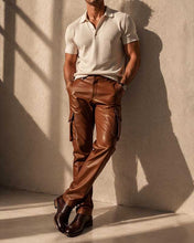 Mens Brown Leather Cargo Pants Slim Fit Luxury Streetwear