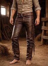 Men's Brown Leather Fringe Cowboy Pants