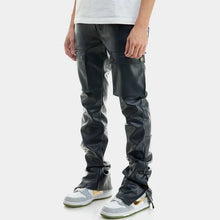 Navy Blue Leather Cargo Pants for Men