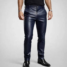 Mens Navy Blue Sheepskin Leather Pants Slim Fit