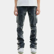 Navy Blue Leather Cargo Pants for Men