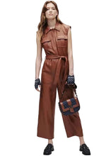Front view of women’s brown real leather jumpsuit